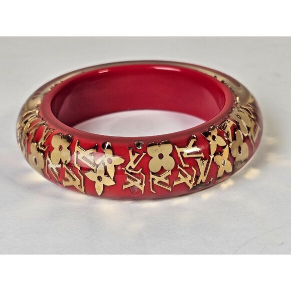 LOUIS VUITTON Red Monogram Inclusion Bracelet GM Charm Bangle Gold LV Logo Charm - Picture 5 of 14